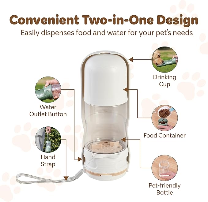Desired Things Portable Pet Food and Water Dispenser, 2 in 1 Cat & Small Dog Water Bottle & Food Container, Lightweight, BPA Free Pet Water Bottle Traveling Essentials for Walking & Hiking - White