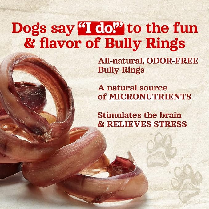 Natural Farm Odor Free Bully Sticks Ring Shaped (3-4 Inch, 10 Pack) - 100% Beef Chews for More Engagement & Fun, Grass-Fed, Non-GMO, Fully Digestible - Best for Small & Medium Chewers