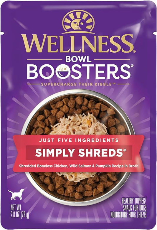 Wellness Bowl Boosters Simply Shreds Natural Grain Free Wet Dog Food Mixer or Topper, Wild Salmon & Pumpkin , 2.8-Ounce Pouch (Pack of 12)