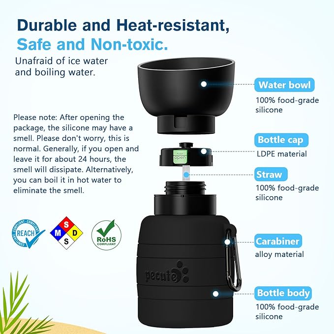 Pecute Dog Water Bottle Portable, 29oz Dog Foldable Water Bottle with Folding Bowl, Carabiner Clip, 5 Levels Capacity, 100% Food Grade Silicone, Dog Water Bottle for Outdoor Walking, Travel (Black)