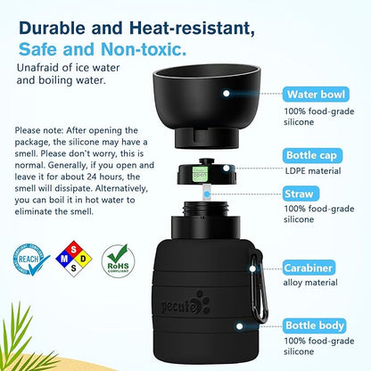 Pecute Dog Water Bottle Portable, 29oz Dog Foldable Water Bottle with Folding Bowl, Carabiner Clip, 5 Levels Capacity, 100% Food Grade Silicone, Dog Water Bottle for Outdoor Walking, Travel (Black)