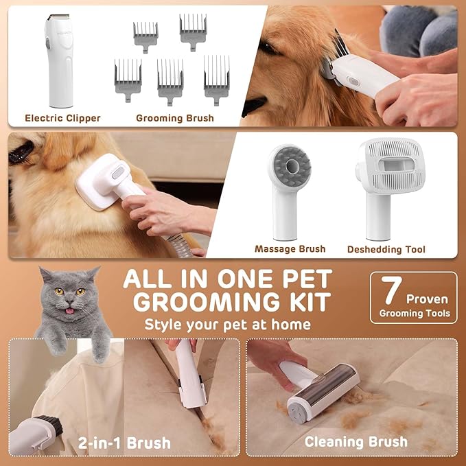 Dog Grooming Vacuum Kit, 3L Pet Grooming Vacuum with 7 Pet Grooming Tools, Dog Vacuum for Shedding Grooming at Home with Low Noise Electric Clipper and Brush, Gray