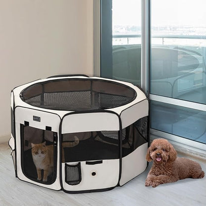 PETSFIT Dog Playpen, 45.5" Sturdy Pop Up Dog Kennel Foldable Dog Pen Indoor Outdoor Puppy Playpen for Medium Dogs Cats with Traveling Bag Zipper Sealed Removable Mesh Top Leakproof Bottom Mat Beige L