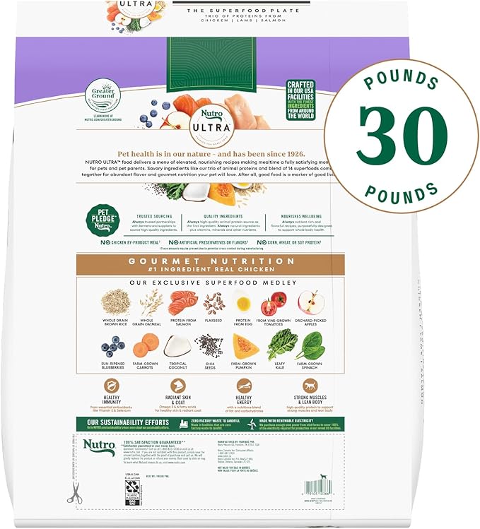 NUTRO ULTRA Adult High Protein Natural Dry Dog Food with a Trio of Proteins from Chicken, Lamb and Salmon, 30 lb. Bag