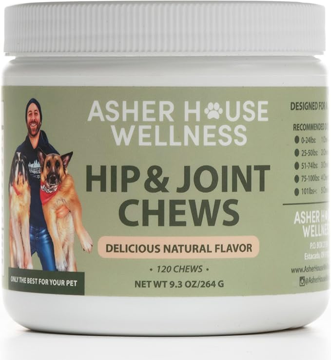 ASHER HOUSE WELLNESS | Hip and Joint Soft Chew Supplement for Dogs | All Natural | 120 Chews | Glucosamine | Condroitin
