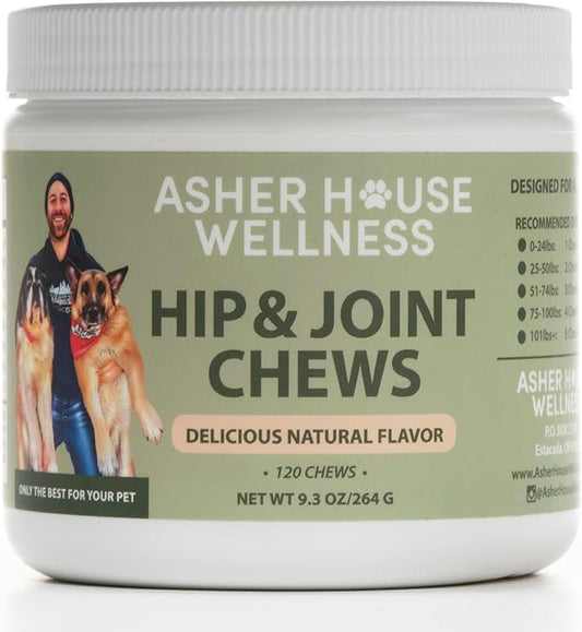 ASHER HOUSE WELLNESS | Hip and Joint Soft Chew Supplement for Dogs | All Natural | 120 Chews | Glucosamine | Condroitin