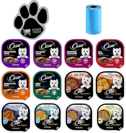 Cesar Soft Wet Dog Food Bundle with 12 Flavors 3.5 oz (1 Unit Each Flavor). Total of 12 Pieces with Magnet and Roll of Poop Bags!!!!