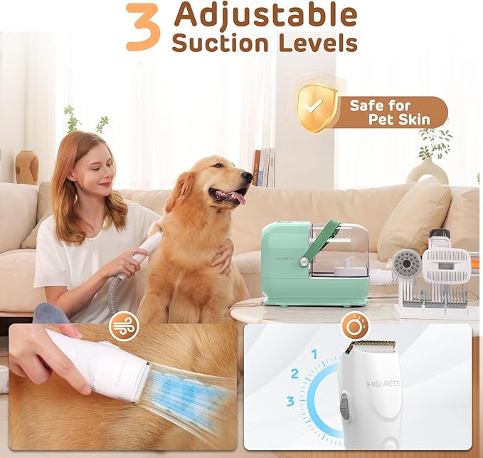 Dog Grooming Vacuum Kit, 3L Pet Grooming Vacuum with 7 Pet Grooming Tools, Dog Vacuum for Shedding Grooming at Home with Low Noise Electric Clipper and Brush, Green