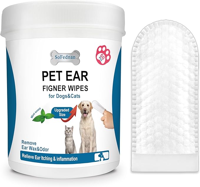 Ear Finger Wipes，Pet Ear Cleaner Finger Wipes for Dogs and Cats，Remove ear Wax and Dirt，Stop Smelly & Itchy Ears, Non-Irritating - Hypoallergenic (60 count, Mint Scent)