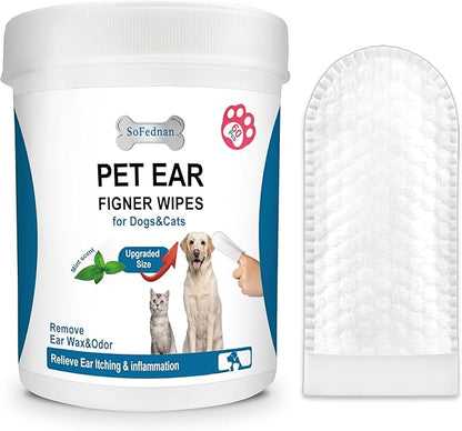 Ear Finger Wipes，Pet Ear Cleaner Finger Wipes for Dogs and Cats，Remove ear Wax and Dirt，Stop Smelly & Itchy Ears, Non-Irritating - Hypoallergenic (60 count, Mint Scent)