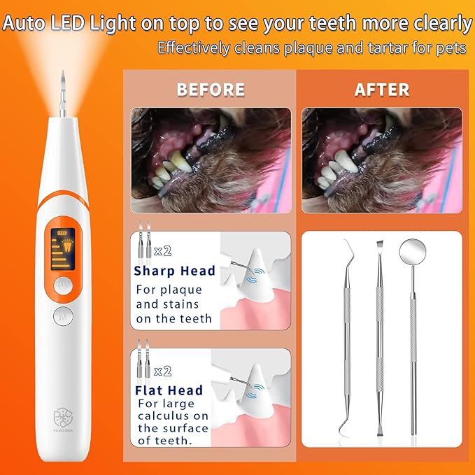 PAWZIDEA Ultrasonic Dog Tooth Cleaner 42kHz, Dog Plaque Remover for Teeth, Intelligent Tartar Remover for Dog Teeth Cleaning Kit, Canine/Cat Sonic Toothbrush Scaler Dental Care Tool, LED, Rechargeable