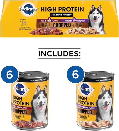 PEDIGREE High Protein Adult Canned Soft Wet Dog Food Variety Pack, Chopped Beef & Bison Flavor and Chopped Chicken & Duck Flavor, 13.2 Oz (Pack of 12)