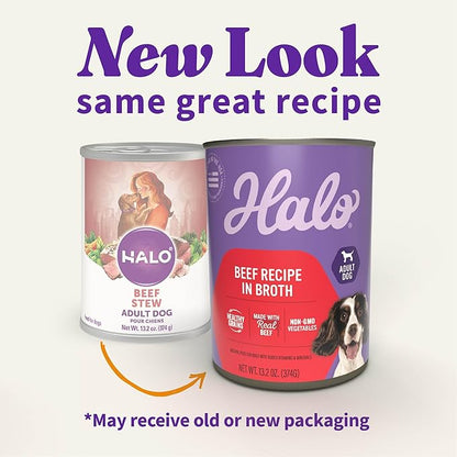 Halo Adult Wet Dog Food, Beef Recipe in Broth, Great as Nutritious Meals or Healthy Dog Food Toppers, 13.2 oz Dog Food Can (Pack of 6)