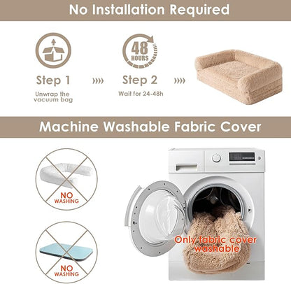 EHEYCIGA Foldable XXL Dog Bed, Faux Fur Fluffy Dog Bed for Extra Large Dogs, Orthopedic Calming Memory Foam Big Dog Couch Bed, Washable Soft Warm Dog Sofa Bed with Non-Slip Bottom, Camel, 54"x38"x8.5"