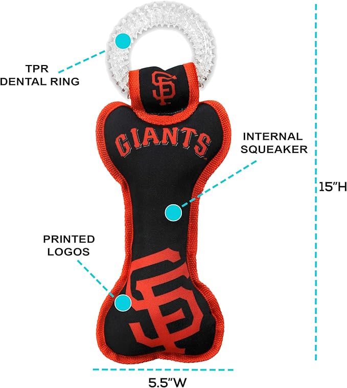 MLB San Francisco Giants Bone Shaped DENTAL DOG TUG TOY with SQUEAKER. TOUGH PET TOY for Healthy Fun, Teething, and Cleaning pet's teeth and gum.