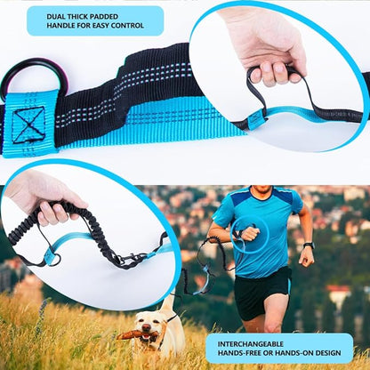 Hands Free Dog Leash for 2 Dogs with Dual Bungees, Reflective Stitches & Retractable Waist Leash for Dog Walking, Adjustable Dog Running Waist Belt with Pouch for Running, Walking, Hiking & Jogging