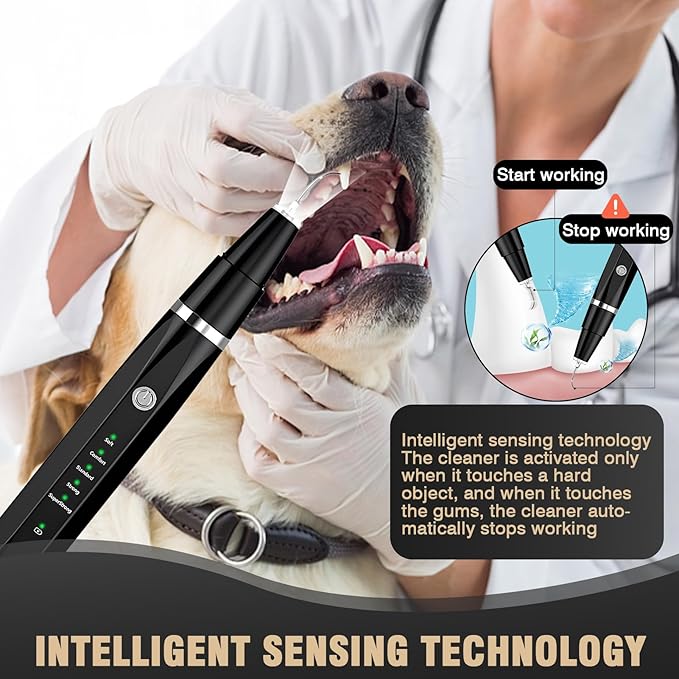 Ultrasonic Tooth Cleaner for Dogs, Dog Teeth Plaque Remover Pets Dental Care Scaler Tartar Stains Electric Cleaning Kit Finger Toothbrush Rechargeable 5 Cleaning Modes 4 Heads with LED Light (Black)