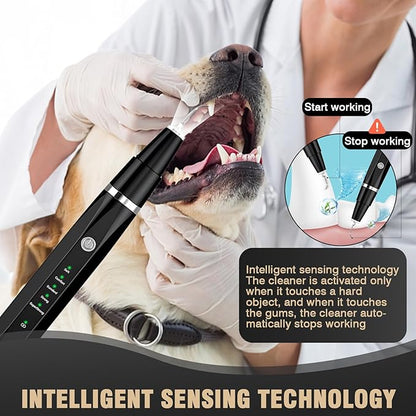 Ultrasonic Tooth Cleaner for Dogs, Dog Teeth Plaque Remover Pets Dental Care Scaler Tartar Stains Electric Cleaning Kit Finger Toothbrush Rechargeable 5 Cleaning Modes 4 Heads with LED Light (Black)