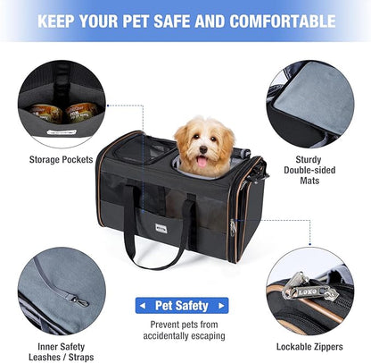 Lekereise Cat Dog Carrier with Wheels for 2 Cats, Expandable Double Cat Carrier with Wheels, Large Rolling Pet Carrier, Wheeled Pet Carrier with Telescopic Handle, Black