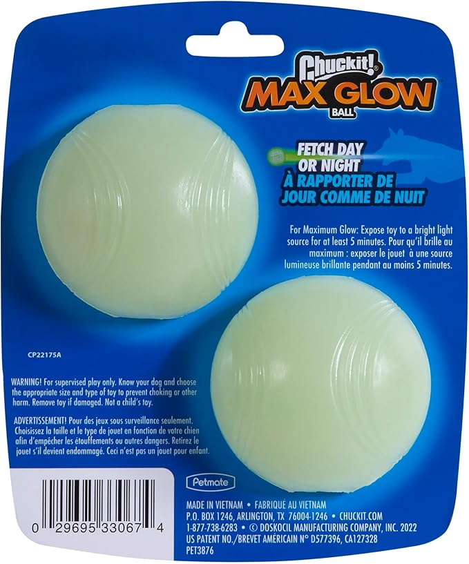 Chuckit Max Glow Ball Dog Toy, Medium (2.5 Inch Diameter) for Dogs 20-60 lbs, Pack of 2