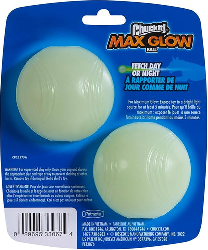 Chuckit Max Glow Ball Dog Toy, Medium (2.5 Inch Diameter) for Dogs 20-60 lbs, Pack of 2