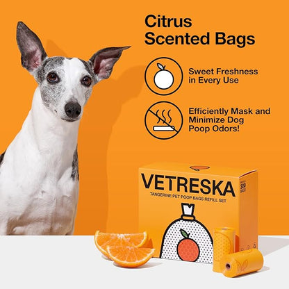 VETRESKA Citrus Scented Dog Poop Bags, Leak Proof, Extra Thick and Large Pet Waste Bags for Dogs Walking, Cat Litter and Babies' Diaper, 300 Count Bags (20 Refill Rolls)， Orange