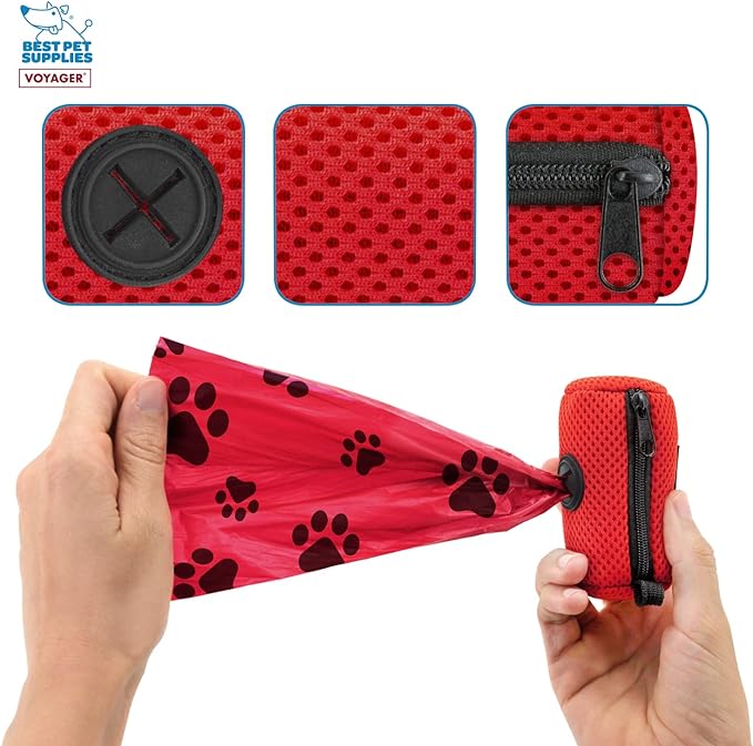 Best Pet Supplies 2-Pack Dog Poop Bag Holder Leash Attachment, Color, Reusable Mesh Dispenser Pouch for Travel, Walking, Park, and Outdoor Use, Soft and Durable with Clip-On - Mesh Red