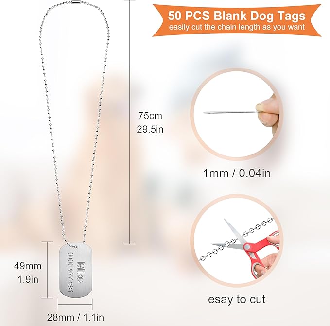 100Pcs Military Dog Tags Set, 50Pcs Aluminum Blank Dog Tags and 50Pcs Iron Necklace Chain, Dog Tags Engraved for Pets, Perfect for DIY Decorative Craft Pet Dog ID Tags, Silver