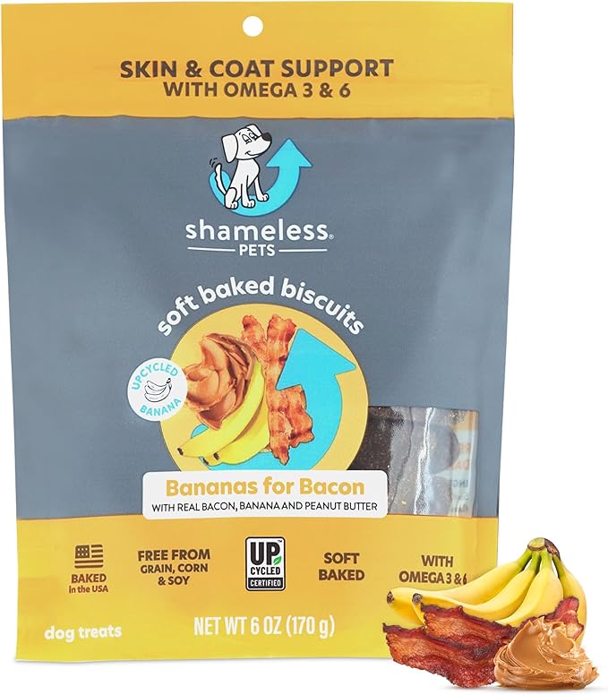 Shameless Pets Soft-Baked Dog Treats, Bananas for Bacon - Natural & Healthy Dog Chews for Skin & Coat Support with Omega 3 & 6 - Dog Biscuits Baked & Made in USA, Free from Grain, Corn & Soy - 1-Pack