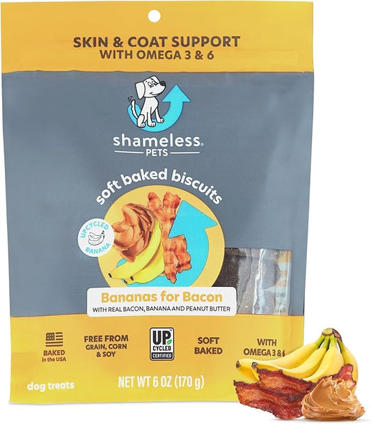 Shameless Pets Soft-Baked Dog Treats, Bananas for Bacon - Natural & Healthy Dog Chews for Skin & Coat Support with Omega 3 & 6 - Dog Biscuits Baked & Made in USA, Free from Grain, Corn & Soy - 1-Pack