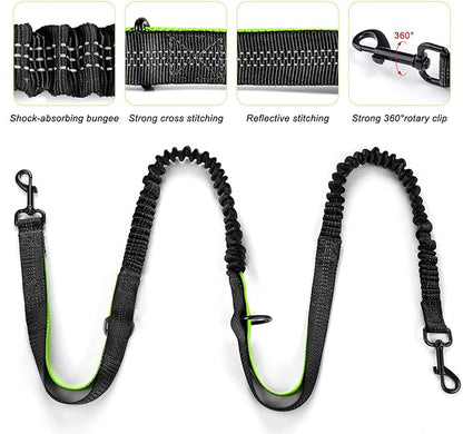 Retractable Bungee Hands Free Dog Leash with Zipper Pouch, Padded Waist Dog Leash, Dog Running Leash Handsfree with Dual Handles and Reflective Stitching for Walking Running Jogging Hiking, Waist Belt