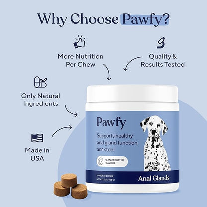 Pawfy Anal Gland Relief Chews | Stops Scooting | Stool Problems | Odors | with Fibre & Probiotics