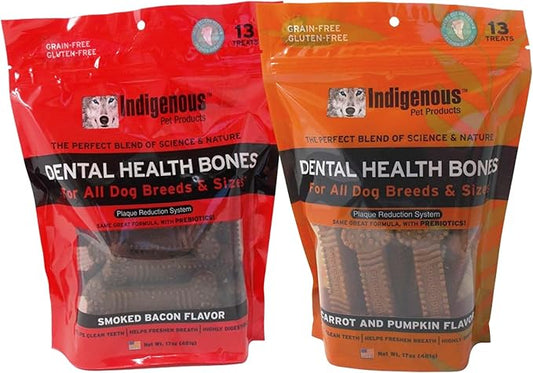Indigenous Grain Free Dental Health Bones 2 Flavor Variety Bundle: (1) Smoked Bacon Flavor, and (1) Carrot & Pumpkin Flavor, 17 Oz. Ea.