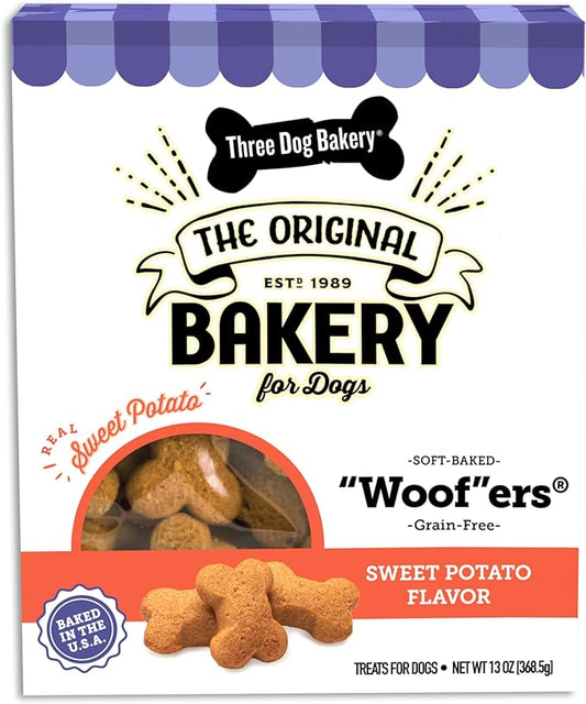 Three Dog Bakery Grain Free Wafers Baked Dog Treats, Sweet Potato, 13 oz