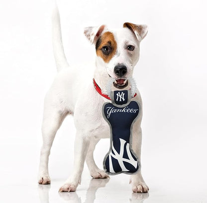 MLB New York Yankees Bone Shaped Dental Dog TUG Toy with Squeaker. Tough PET Toy for Healthy Fun, Teething, and Cleaning pet's Teeth and Gum.