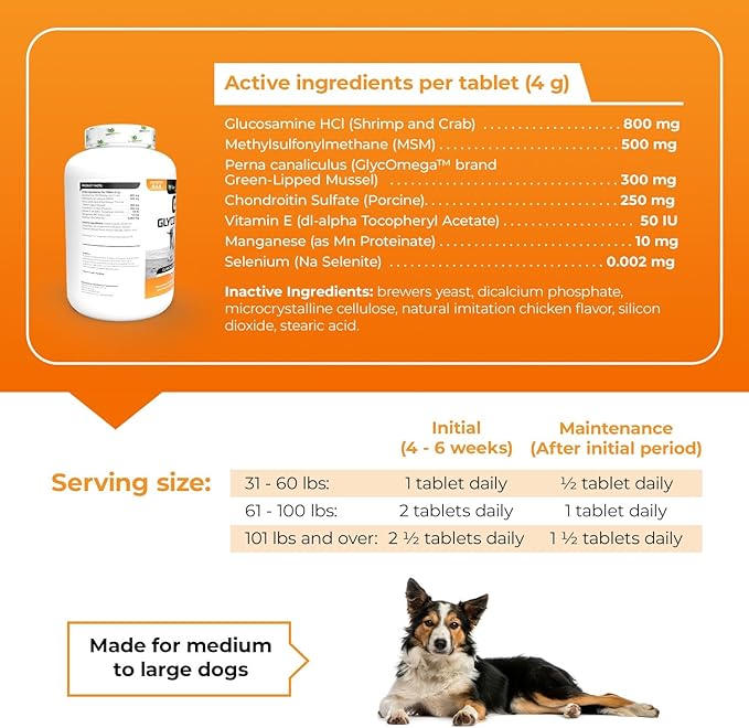 VetriScience GlycoFlex Plus Hip and Joint Supplement for Dogs, Chewable Tablet – Extra-Strength Joint Support with Green Lipped Mussel, Chondroitin, and Glucosamine for Dogs