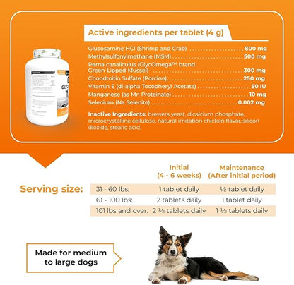 VetriScience GlycoFlex Plus Hip and Joint Supplement for Dogs, Chewable Tablet – Extra-Strength Joint Support with Green Lipped Mussel, Chondroitin, and Glucosamine for Dogs
