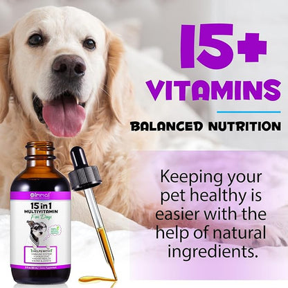 15 in 1 Dog Multivitamin Drops for Dogs - Dog Vitamins & Supplements Natural Dog Multivitamins and Minerals - Glucosamine, MSM for Skin & Coat, Heart Health, Bones, Joint, Immune System Support