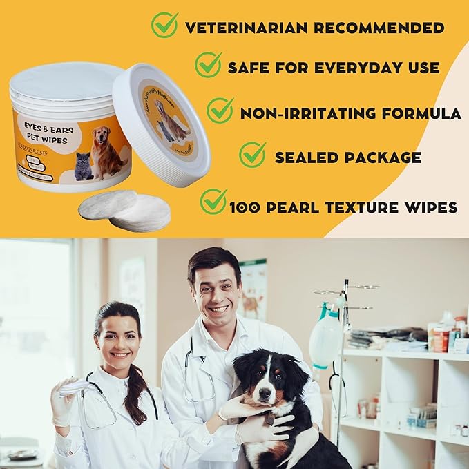 Eyes & Ears Pet Wipes (100count) - Cleanser for Pets with Aloe Essence and Coconut Oil - Specially formulated, Non-irritating, Safe for everyday use and effective for all breeds