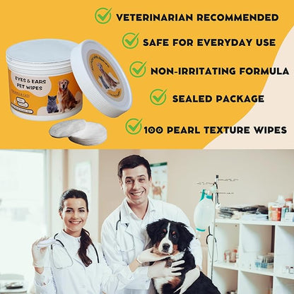 Eyes & Ears Pet Wipes (100count) - Cleanser for Pets with Aloe Essence and Coconut Oil - Specially formulated, Non-irritating, Safe for everyday use and effective for all breeds