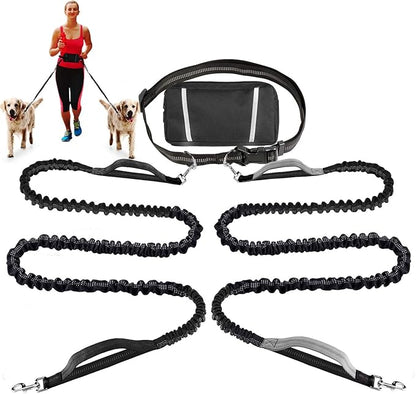 Hands Free Dog Leash Bungee Retractable Dog Running Waist Leash for Running Walking Jogging Training Hiking with Medium to Large Dogs, Adjustable Waist Belt Pouchouch, Reflective Stitches, Dual Handle