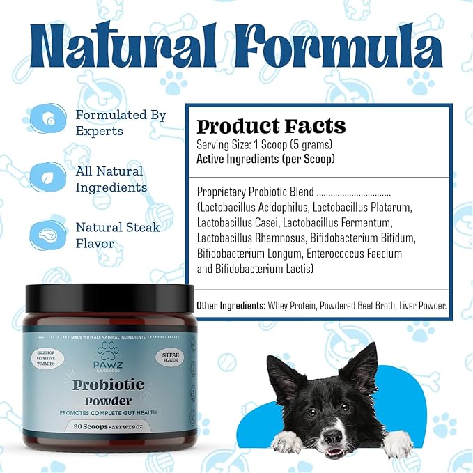 PAWZ Probiotic Powder for Dogs - 90 Scoops Steak Flavor - Promotes Gut Health and Digestion - Probiotics Supplement Support Immune System & Skin and Coat Health - Suitable for All Types of Dogs