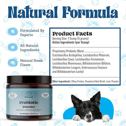 PAWZ Probiotic Powder for Dogs - 90 Scoops Steak Flavor - Promotes Gut Health and Digestion - Probiotics Supplement Support Immune System & Skin and Coat Health - Suitable for All Types of Dogs