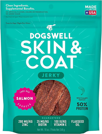 Dogswell Skin and Coat Grain-Free Salmon Jerky for Dogs, 10 Ounces, Model: 842225