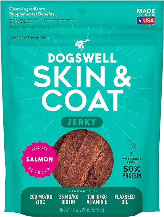 Dogswell Skin and Coat Grain-Free Salmon Jerky for Dogs, 10 Ounces, Model: 842225