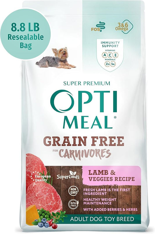 OPtimeal Grain-Free Dog Food - Proudly Ukrainian - Non-Grain Dog Food Dry Recipe, Dry Dog Food to Support Healthy Weight Maintenance - Toy Breeds (8.8 lbs, Lamb & Veggies)