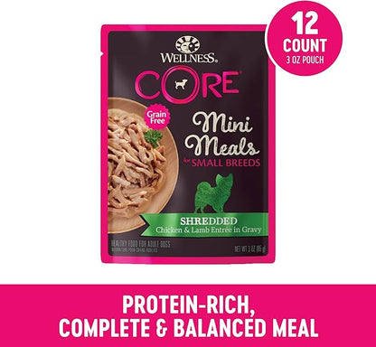 Wellness CORE Natural Grain Free Small Breed Mini Meals Wet Dog Food, Shredded Chicken & Lamb Entrée in Gravy, 3-Ounce Pouch (Pack of 12)
