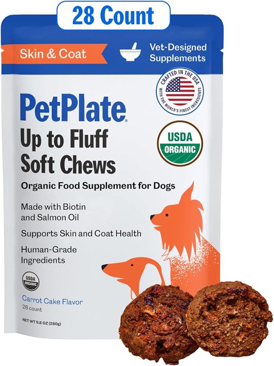 PetPlate Skin & Coat Chews for Dogs, USDA Organic Supplement, Grain-Free, Human-Grade, includes Salmon Oil and Biotin, Pet Supplies (Pack of 1, 9.8 Ounce)