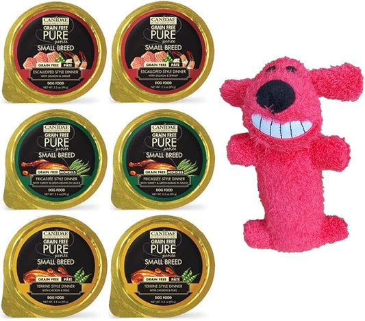 Pure Canidae Petite Grain Free Small Breed Dog Food 3 Flavor Variety 6 Can with Toy Bundle, (2) Each: Escalloped Salmon Shrimp, Terrine Chicken Peas, Fricassee Turkey Green Beans (3.5 Ounces)
