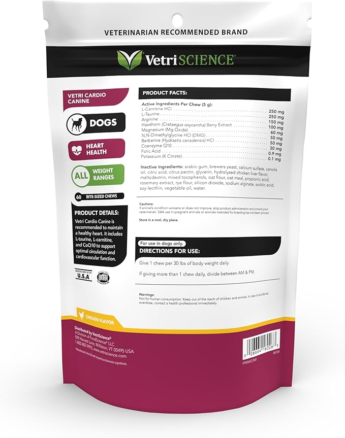 VETRISCIENCE Vetri Cardio Canine Complete Cardiovascular Support for Dogs with CoQ10, Taurine and Arginine, 60 Chews